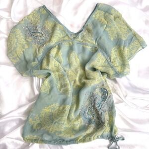 Express Silk Paisley Sequin Embellished V-Neck Blouse Sage Green XS